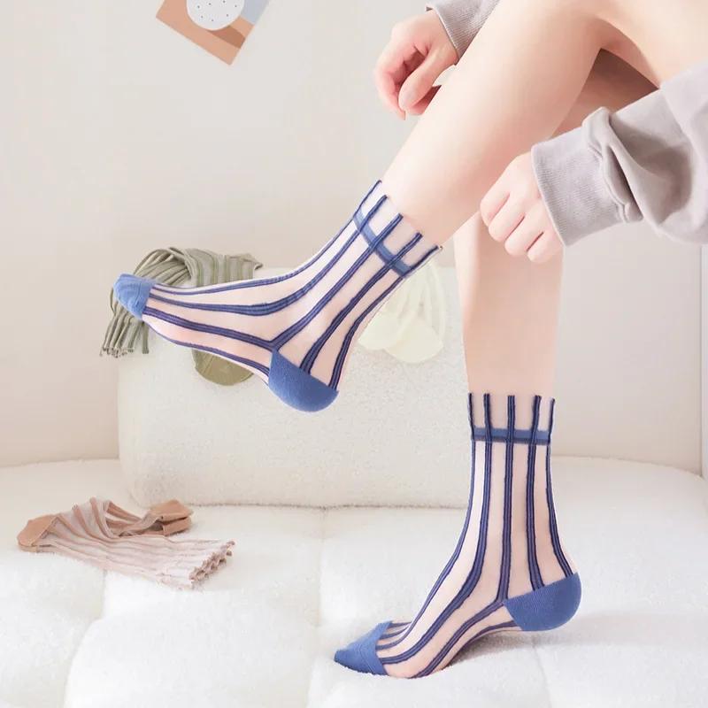 Summer Ultra-thin Women Socks Transparent Crystal Silk Socks Korean Fashion Striped Harajuku Streetwear Nylon Loose Long Socks