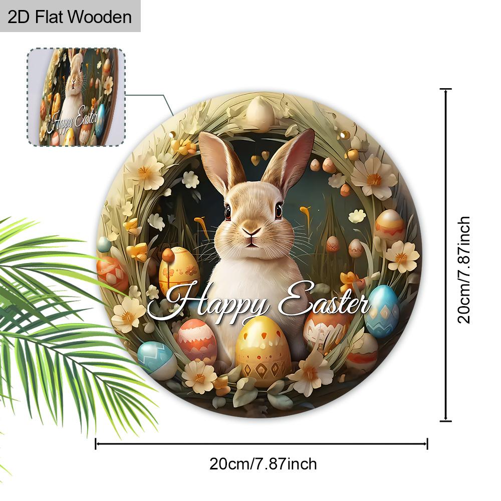 Happy Easter Bunny & Egg Wreath Wooden Sign, Round Front Door Decor, Rustic Spring Wall Hanging - Ideal Easter Gift