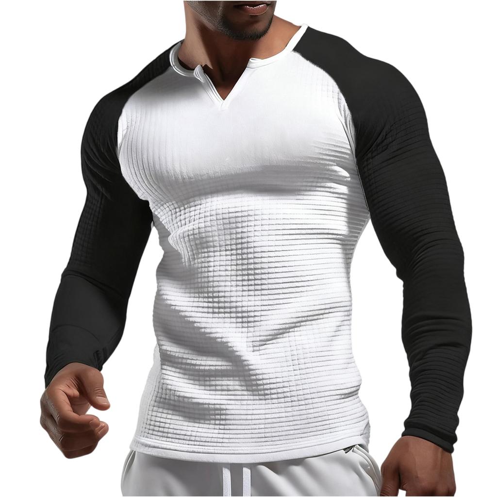 Men's V-neck Colorblock Long Sleeved T-shirt Casual Sports Slim Fit Top