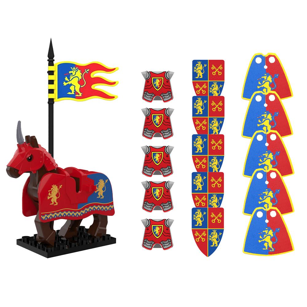 MOC Medieval Red Lion Black Eagle Castle Soldier Knight Horse Mount Building Block Military Figure Vest Armor Flag Toy Gift B036