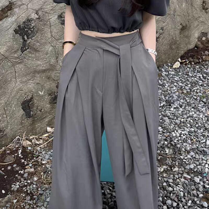 Korean Chic Asymmetrical High-Waisted Pleated Wide-Leg Trousers for Women