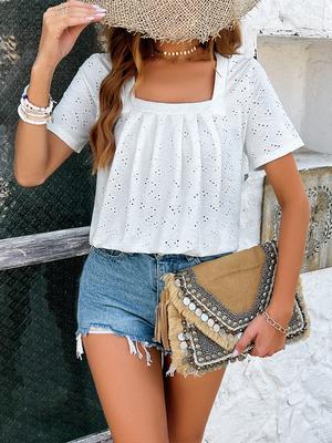Ladies Temperament Casual Solid Color Square Neck Hollow Short Sleeved T-shirt Top