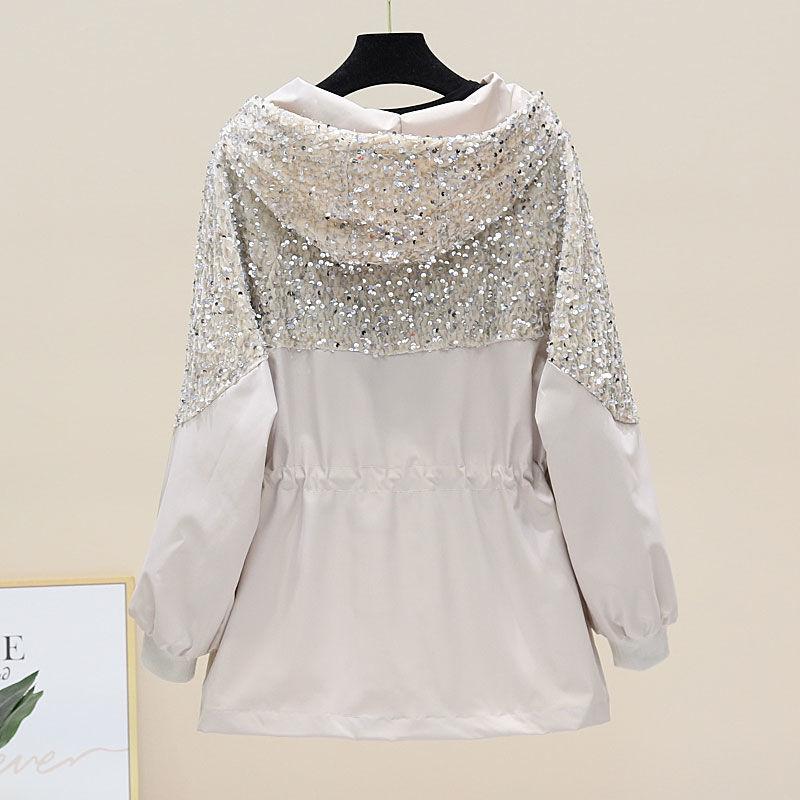 Jachetă de toamnă pentru femei, cu mânecă lungă, cu glugă, jachetă de vânt pentru femei, pentru industria grea, jachete cu paiete, pardesiu negru largi.