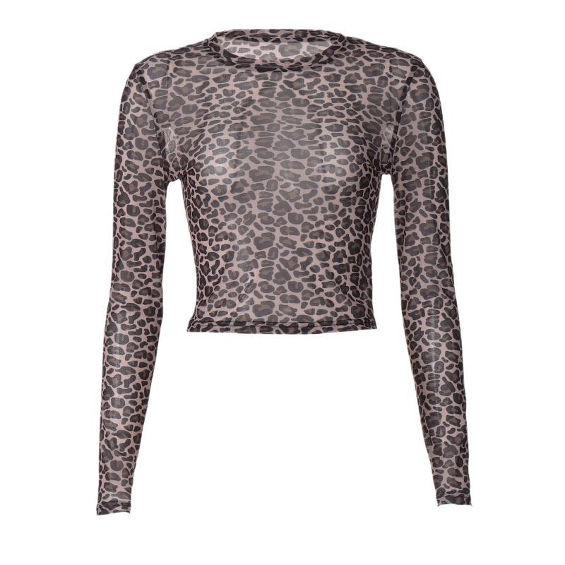 Sexy European Style Women Leopard Print Mesh See Through Long Sleeve Crew Neck T Shirt Top