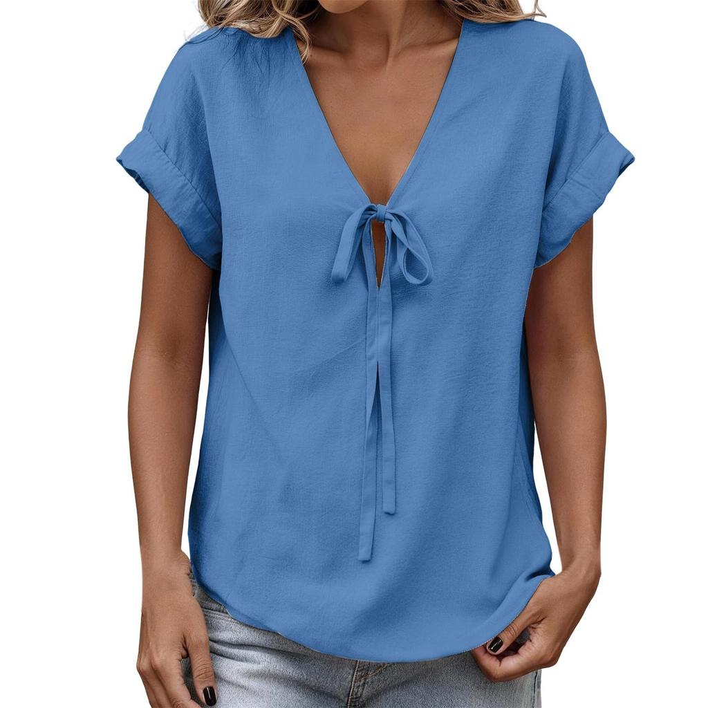 Women's Fashion Casual -Colour V-Neck Tie-Front Short-Sleeved T-Shirt Top