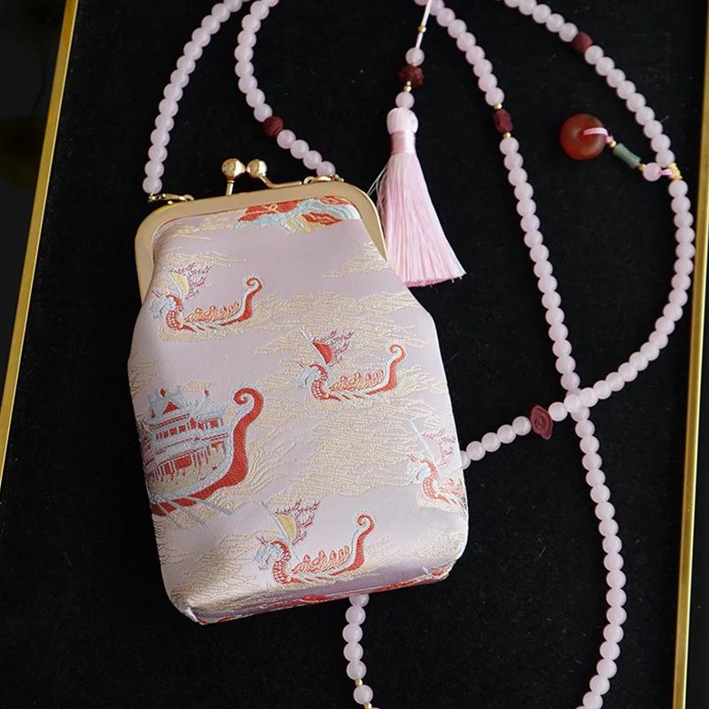 Chinese Style Mulberry Silk Kiss Lock Phone Bag - Ethnic Beaded Crossbody for Hanfu & Qipao