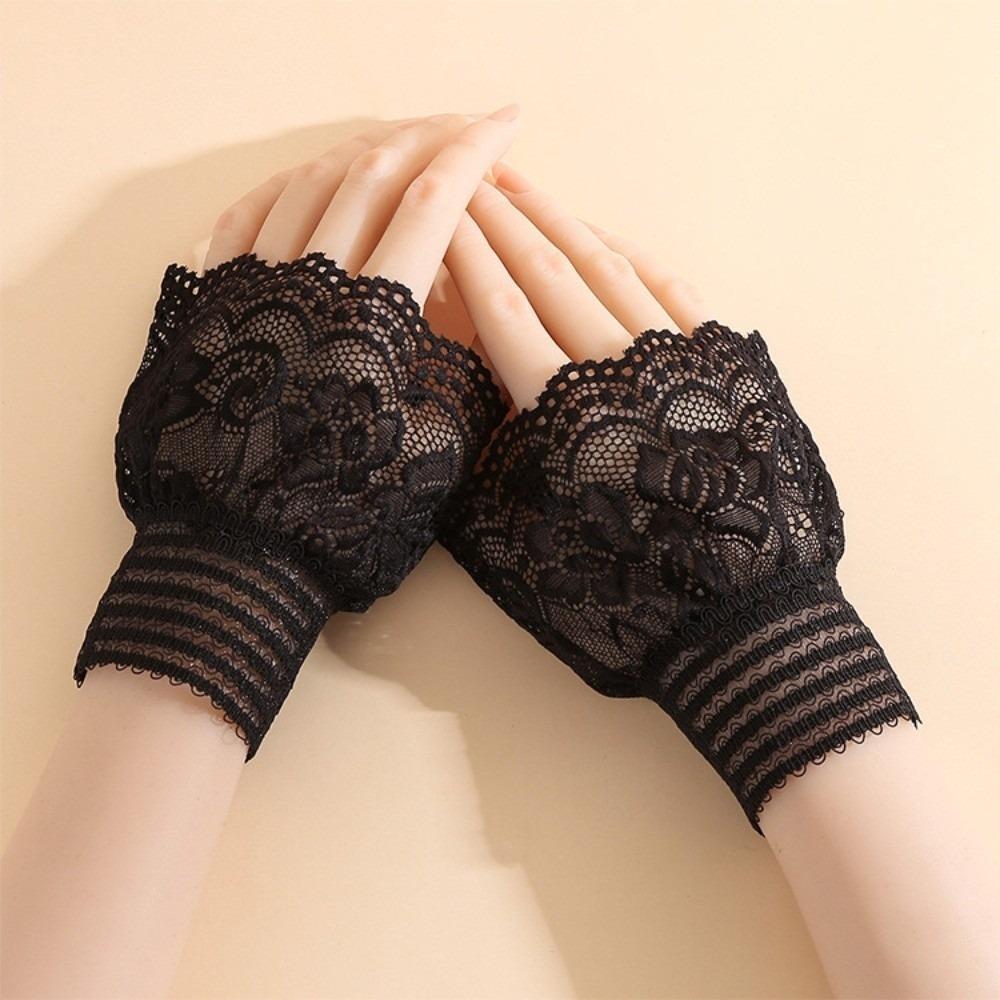 1 Pair Versatile Elegant Fake Cuffs Detachable Solid Color Lace Sleeves Thin Embroidery Pattern False Cuffs For Women