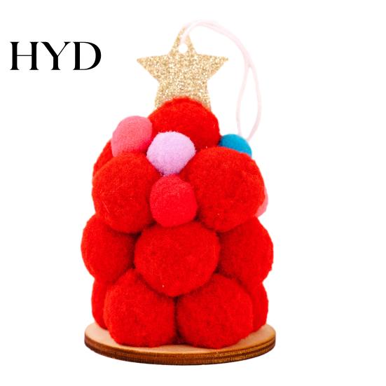 Multicolor Christmas Baubles Plush Tree Ornament, Cute Pom Balls Tree-Shaped Hanging Pendant Modern Holiday Decor with Star Topper for Wreath красный