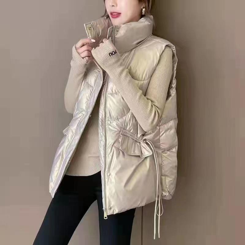 Autumn Winter Women`s Down Cotton Vest Fashion Stand Collar Bright Sleeveless Padded Coat Casual Trend Women Vest Jacket