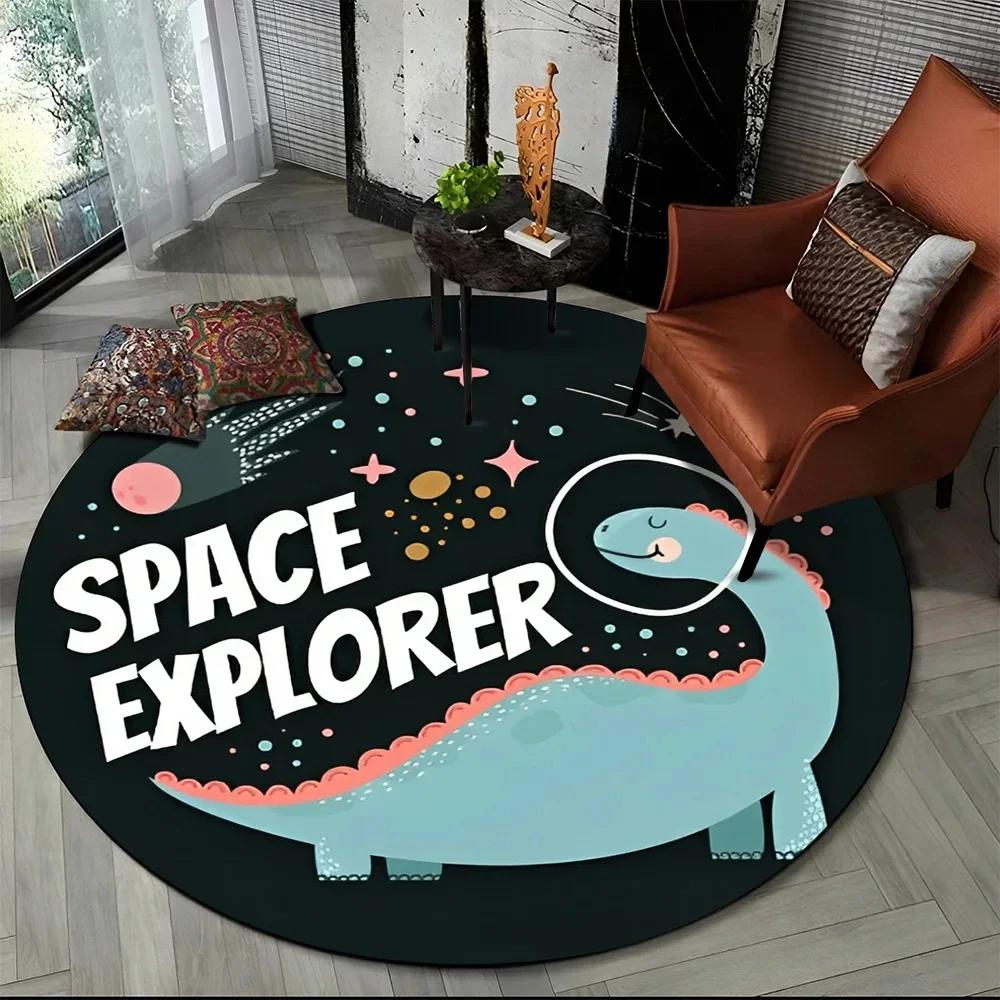 Cartoon Dinosaur Round Carpet Outer Space Cute Dino Area Rug for Living Room Bedroom Sofa Decor Non-slip Children's Crawling Mat
