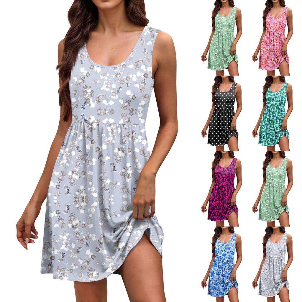 Women's Summer Fashion Tank Dress A-Line Sleeveless Casual Floral/Solid Pocket Dress
