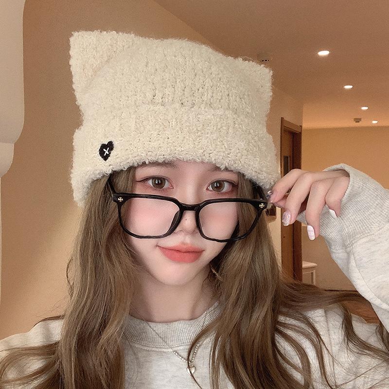 Hat for Women In Autumn and Winter Wool Rolls Love Embroidery Knitted Hat Warm Cute Ear Wool Hat Women Cold Hat