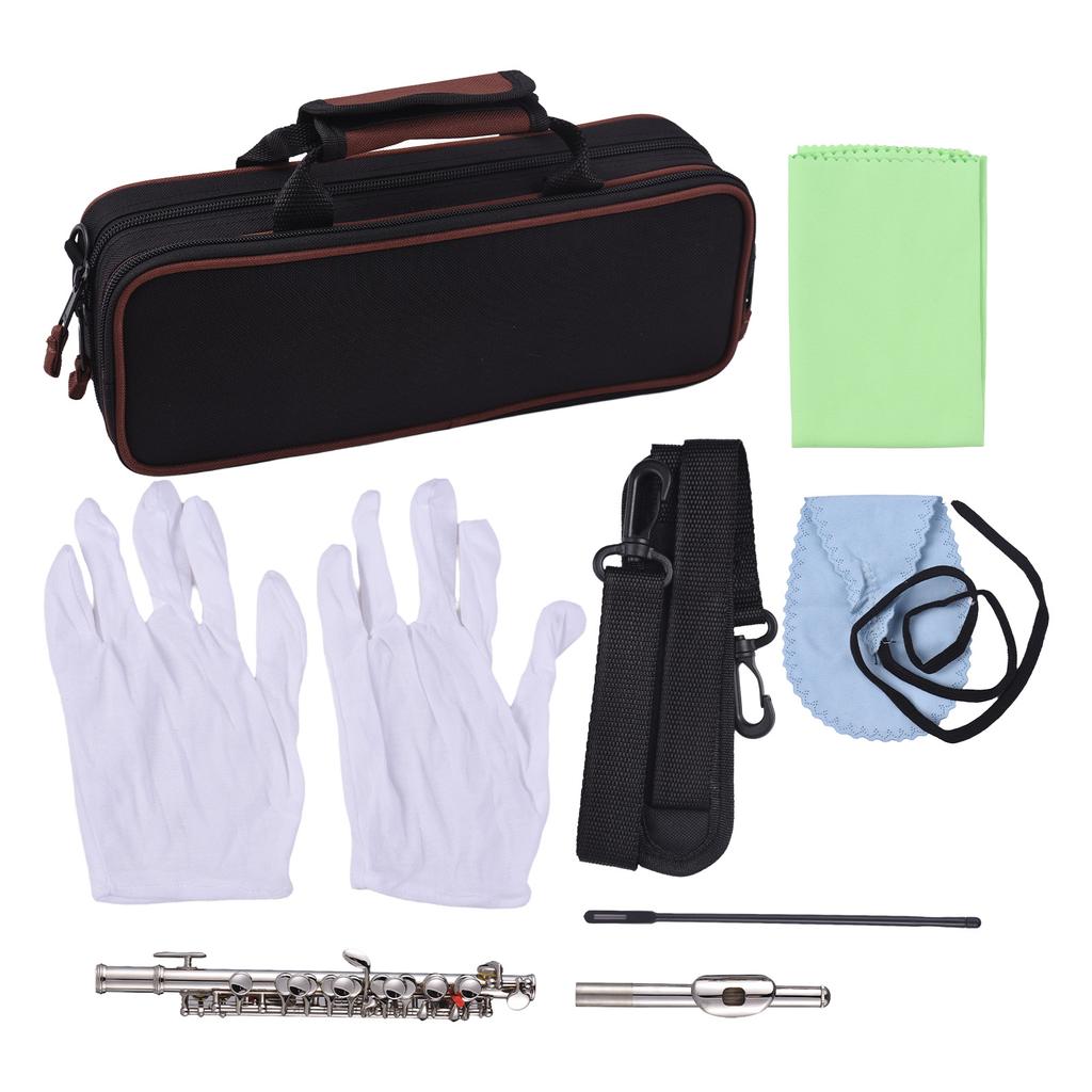 Piccolo Instrument White Copper Nickel Plated C Key Piccolo Flute for Beginners Students with Hard Case Cleaning Rod Cloth and Gloves