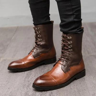 Fashion Mens Chelsea Boots Casual Pointed Toe Man Shoe Vintage Leather Footwear Men High Top Boots Lace-up Motorcycle Shoes