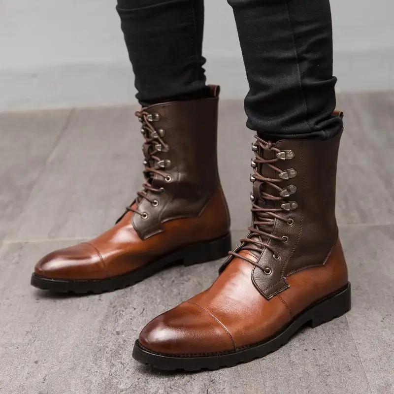 Fashion Mens Chelsea Boots Casual Pointed Toe Man Shoe Vintage Leather Footwear Men High Top Boots Lace-up Motorcycle Shoes