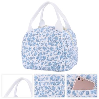 Women Cute Lunch Box Bag Large Capacity Hand-Held Cooler Bag Floral Printed Cotton Padded Picnic Bag Work Trip Bag