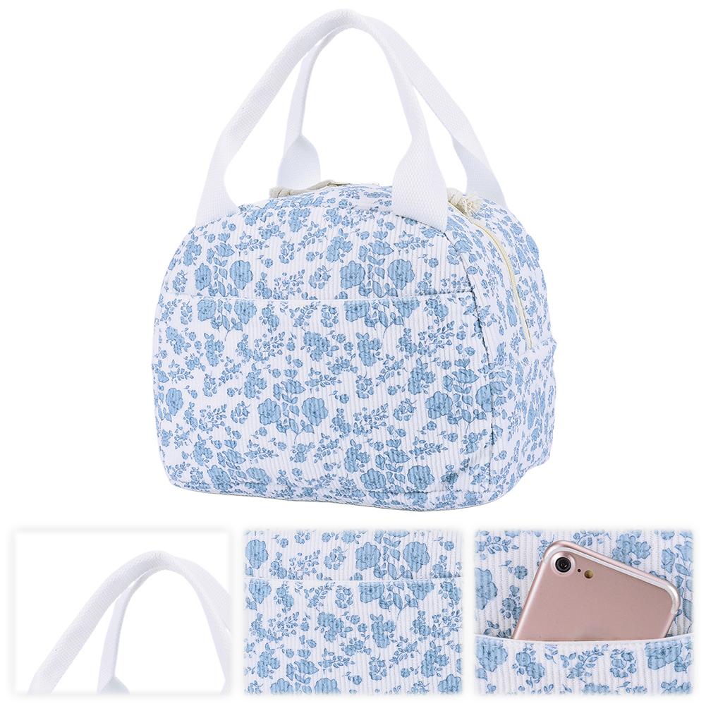 Women Quilted Lunch Bag Large Capacity Cute Lunch Box Bag Floral Printed Cotton Padded Picnic Bag Work Trip Bag