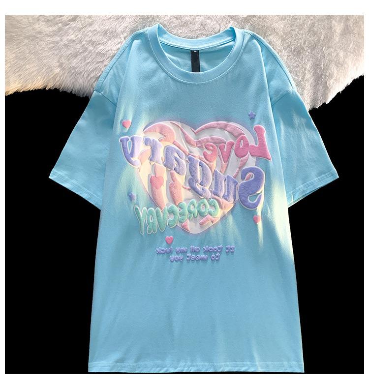 Women's Oversized Heart Design Blue Cotton Tee - Sweet & Spicy Summer Style