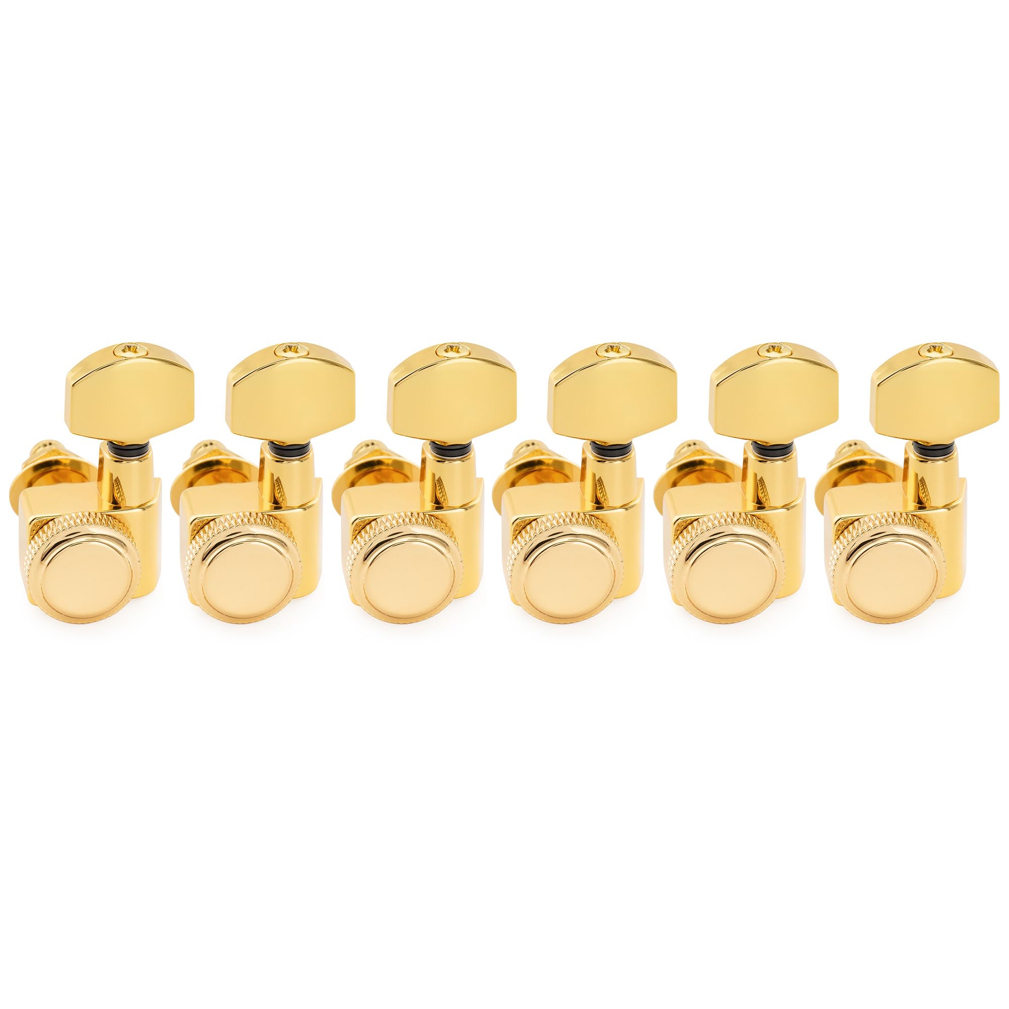 

Musiclily Pro Left-Handed 6-Row, 2-Pin Locking Tuning Pegs with 18:1 Gear Ratio, Hex Buttons, for Fender Strat, Telecaster, and Electric Guitars, Gold