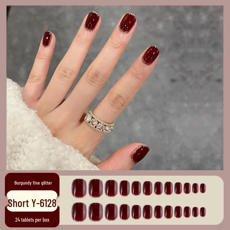 Short Wine Red Glitter Press-on Nails - Simple Manicure Tips with Jelly Glue for Spicy Style