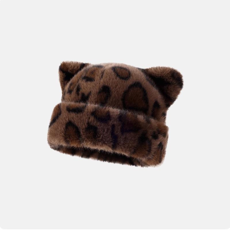 Leopard Print Plush Bear Hat for Women In Winter Sweet and Cute Thickened Cold-proof and Warm Retro Versatile Head Cover Hat