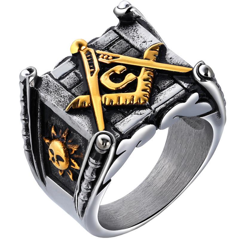 Jewelry European and American Men's Electroplating Ring Domineering Punk Skull Ring Masonic Elements