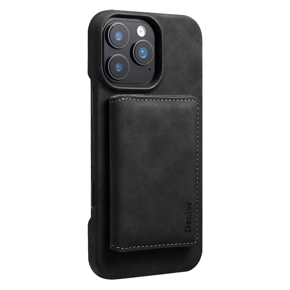 DENIOR D27 For iPhone 16 Pro Magnetic Case RFID Blocking Retro Leather Back Cover with Detachable Card Holder