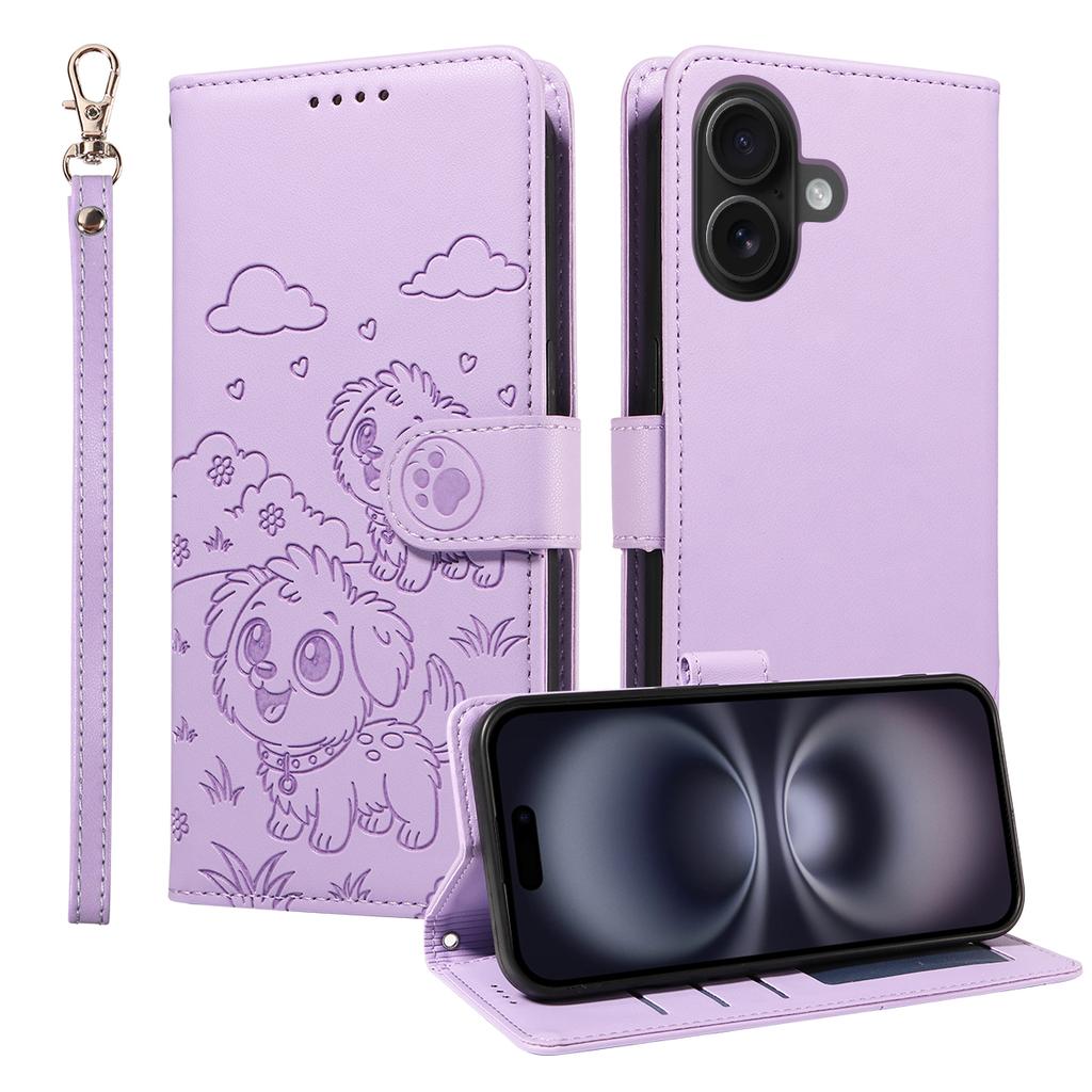 For iPhone 16 Case RFID Blocking Imprinted Dog Pattern PU Leather Phone Cover with Wrist Strap