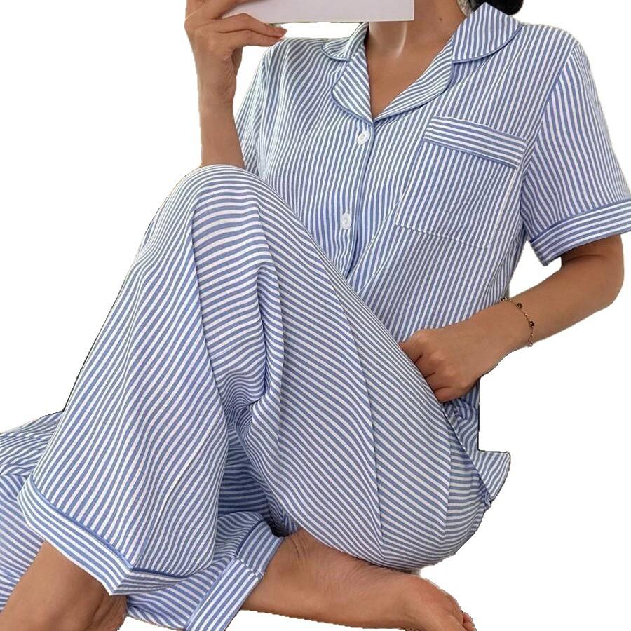 Best-selling Women's Striped Printed Pajama Set, Long-sleeve Long Pants, Faux Cotton Lapel Cardigan, Loungewear