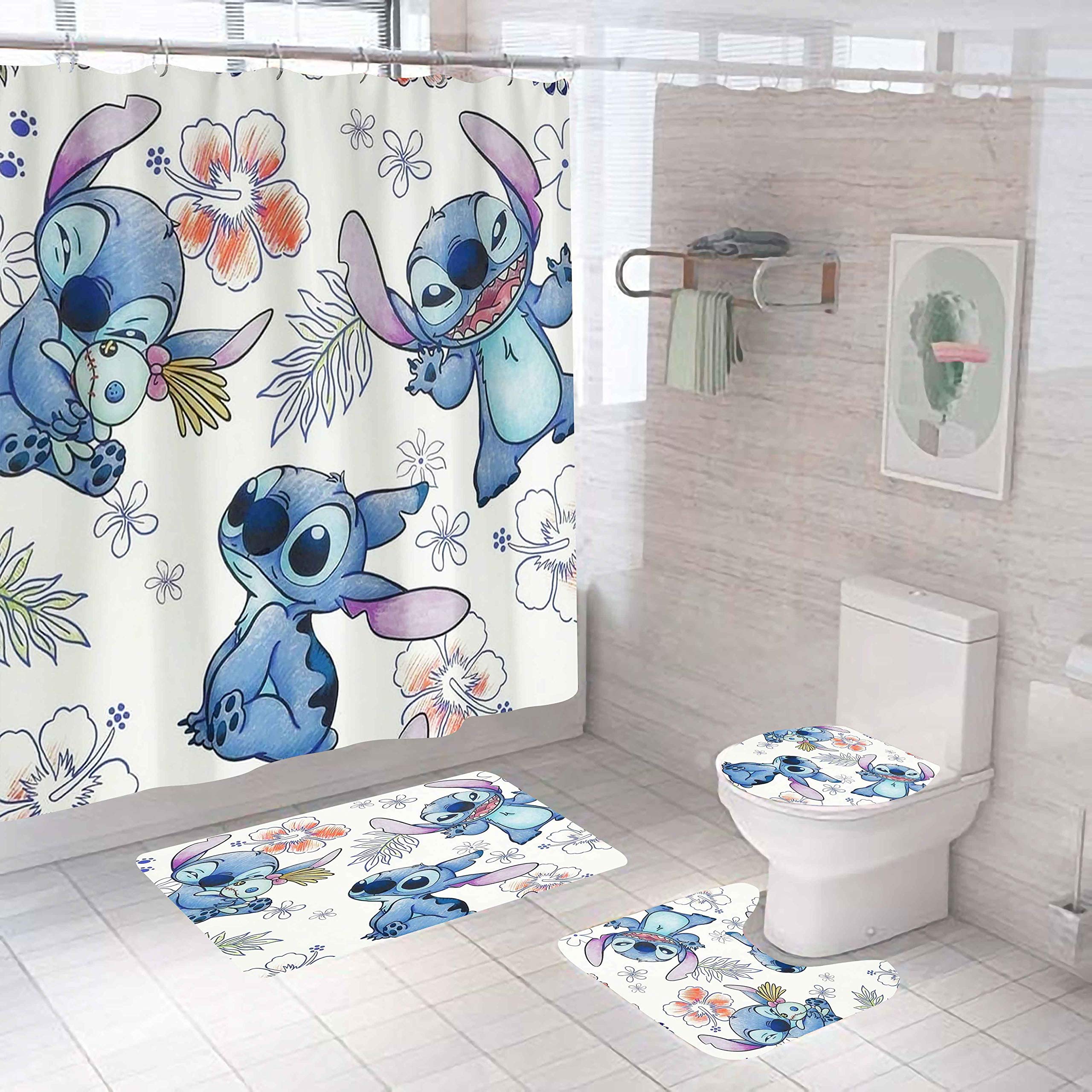 

4 Piece Stitch Shower Curtain Set with Non-Slip Rug Toilet Lid Cover Bath Mat and Hooks Waterproof Shower Curtain for Bathroom W90xH180cm