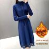 Women's Plus Velvet Thick Mid-Length Knit Sweater Dress - Loose Fit with Lace and Half-High Collar for Autumn and Winter