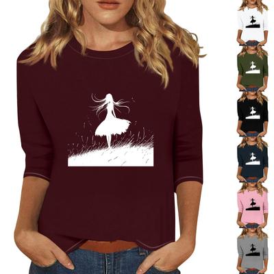 3/4-Ärmel Oberteile für Damen T-Shirt Lässig Print Oberteile T-Shirt Rundhals Pullover Bluse