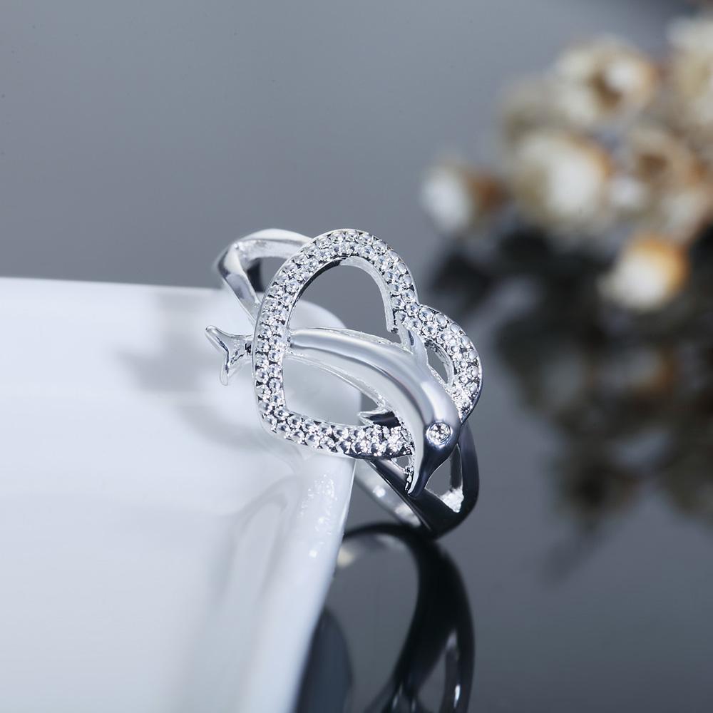925 Sterling Silver Fashion Wedding Jewelry AAA Zircon Heart Fish Ring