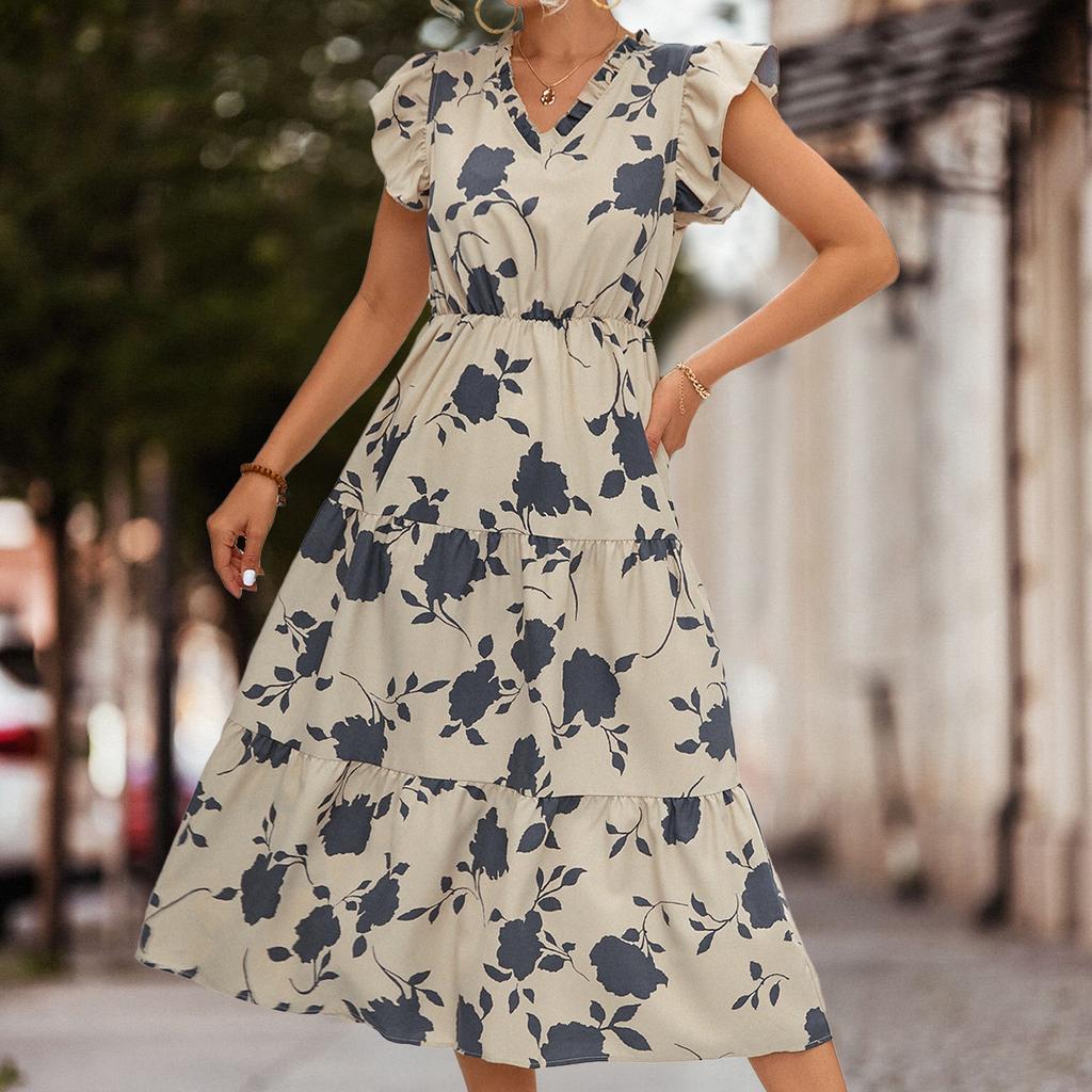 QICED Spring Summer Floral Print High Waist Short Sleeve V-neck Print Flysleeve Dress