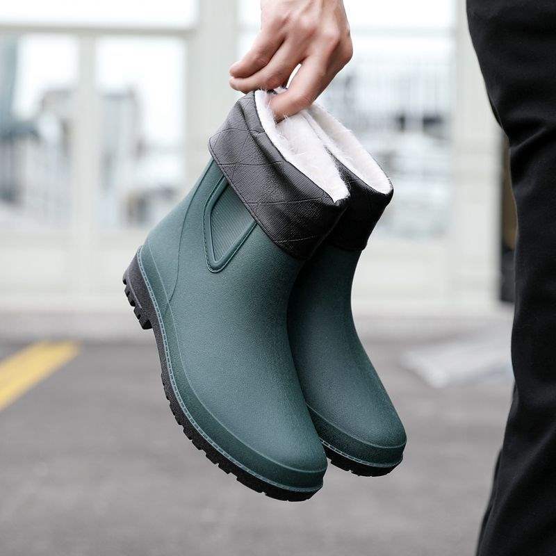New Fashion Men's Rain Shoes Medium Tube Rain Boots Non-slip Water Shoes Short Tube Fleece Rubber Shoes Kitchen Car Wash Fishing Work Shoes