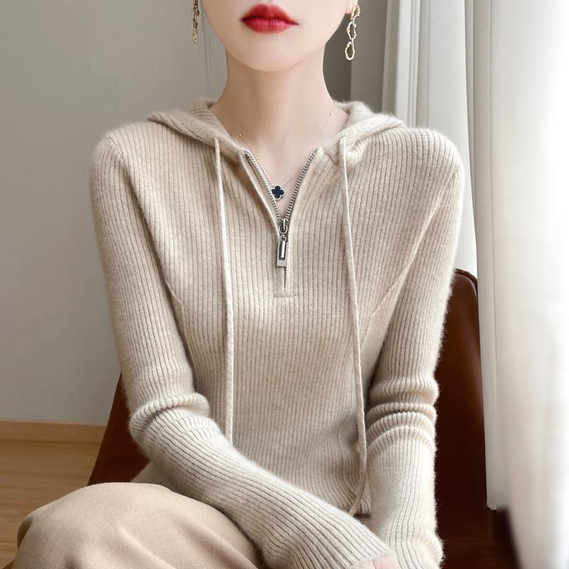 Women's Slim Fit Ribbed Wool Half-Zip Hoodie - Solid Color, Long Sleeve, Versatile for Autumn and Winter