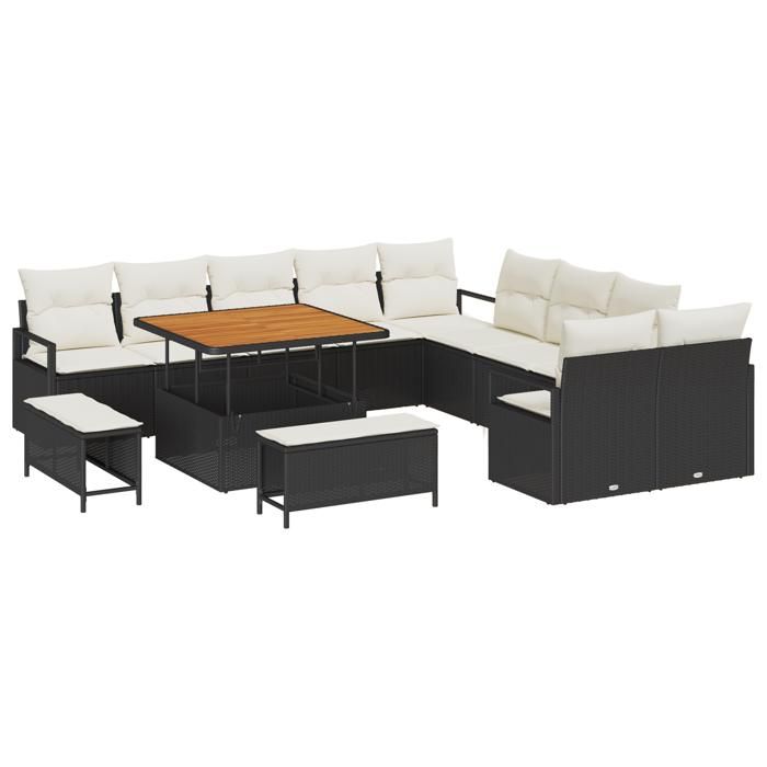 13-piece Garden Sofa Set with Black Poly Rattan and Acacia Cushions, 2-seater Garden Sofa with Cushions 3362575