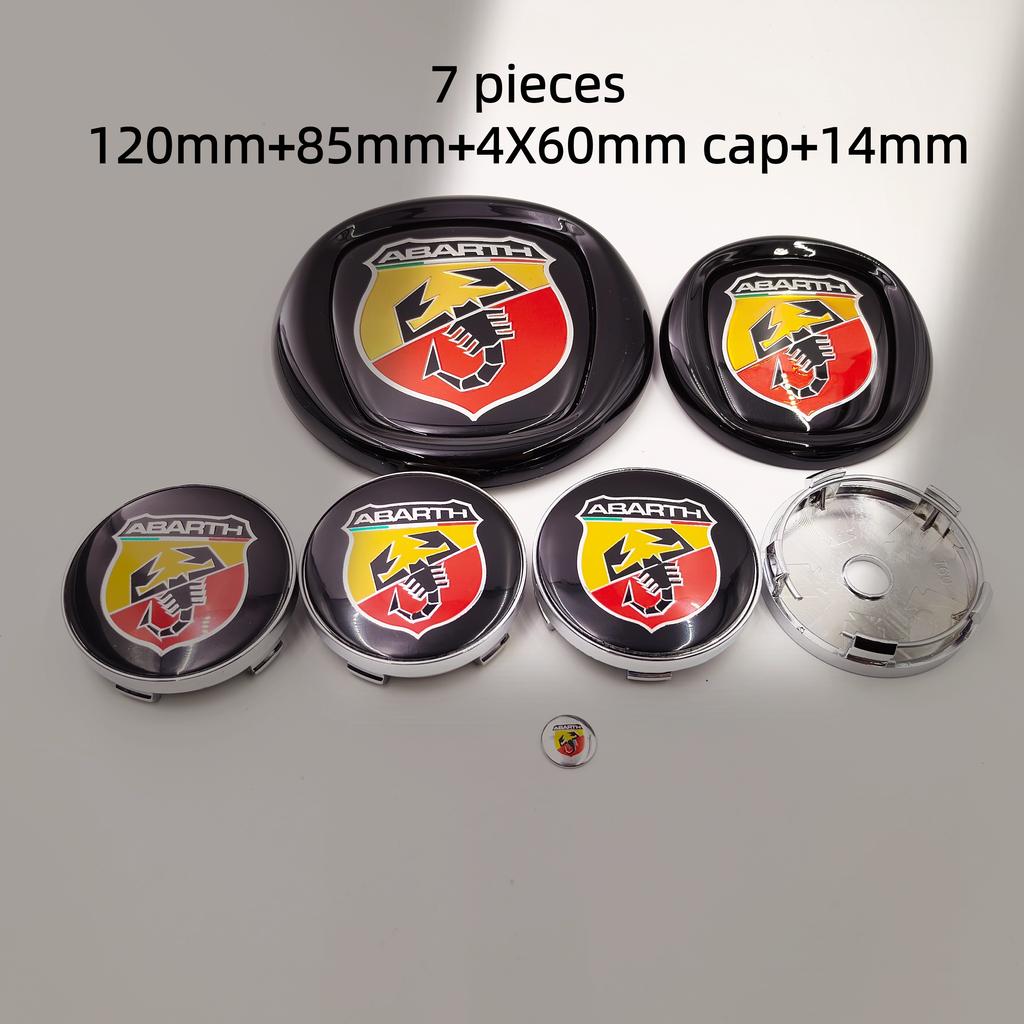 8pcs fiat Abarth Car Front grill front Rear Bumper tail door trunk Emblem 85/95/100/120mm Wheel Center Hub Cap Badge Rim Cover