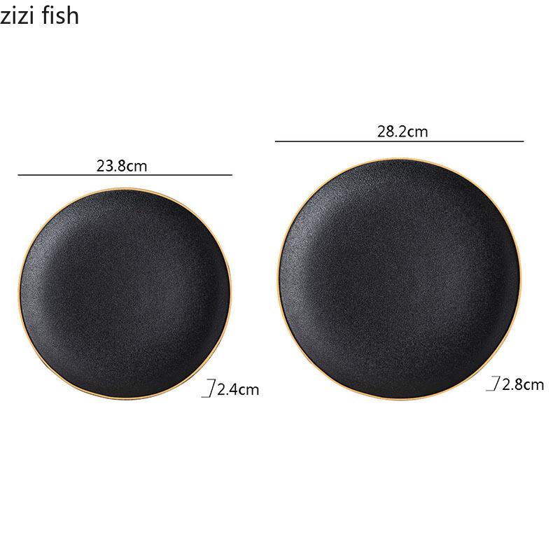 Keramický plochý talíř se zlatým okrajem, restaurace, dezertní talíř, steakový talíř, těstoviny, talíře, molekulární kuchyně, speciální nádobí