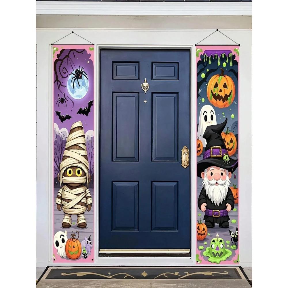 2pcs/Set Spooky Holiday Themed Porch Banner Cartoon Mummies Pumpkin Lanterns Ghosts Bats Spiders Plus Wizard Celebration Decorations