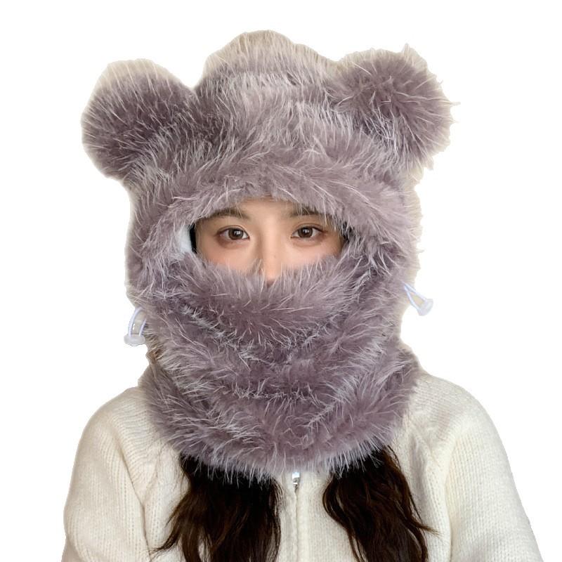 Hat Women's Winter Cute Bear Ears Can Be Used As A Scarf To Prevent Cold and Warm All In One Hat Casual Versatile Plush Toe Cap