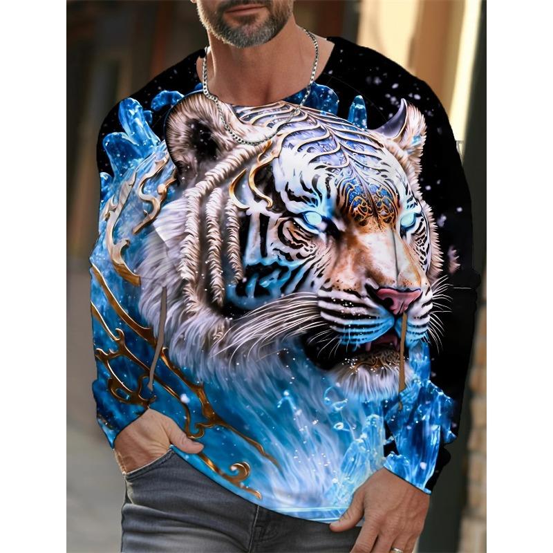 Spring and Autumn Round Neck Tiger Pattern 3D Printed Top Fashionable Casual Long Sleeved Men's T-shirts