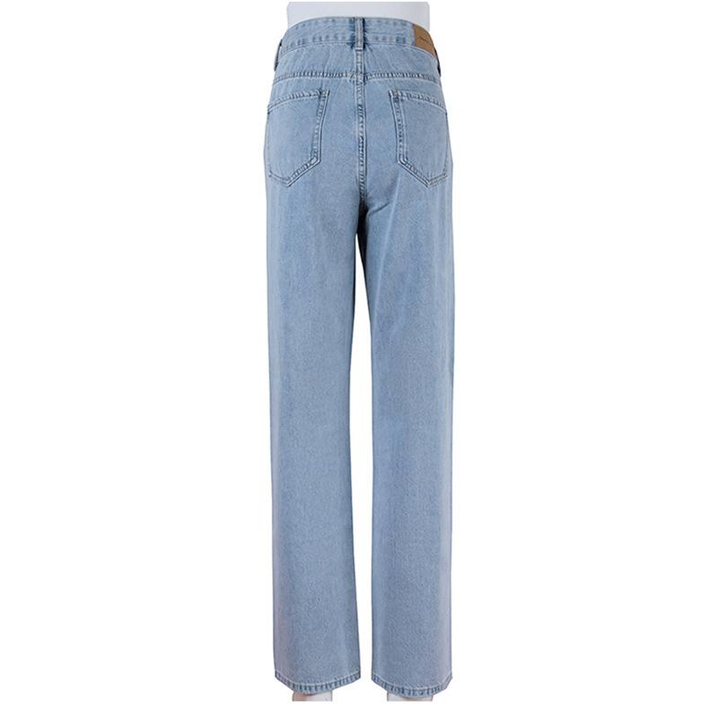 Blue Ripped Holes Straight Jeans Loose Fit Slant Pockets Non Stretch Casual Denim Pants Women's Denim Jeans Clothing