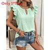 Sommer Damen Polyester Strick Rundhals Rüschenärmel T-Shirt Mit Lockerer Passform Für Freizeitkleidung