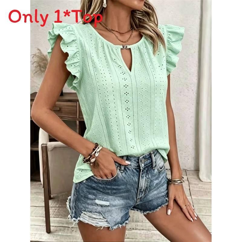 Sommer Damen Polyester Strick Rundhals Rüschenärmel T-Shirt Mit Lockerer Passform Für Freizeitkleidung