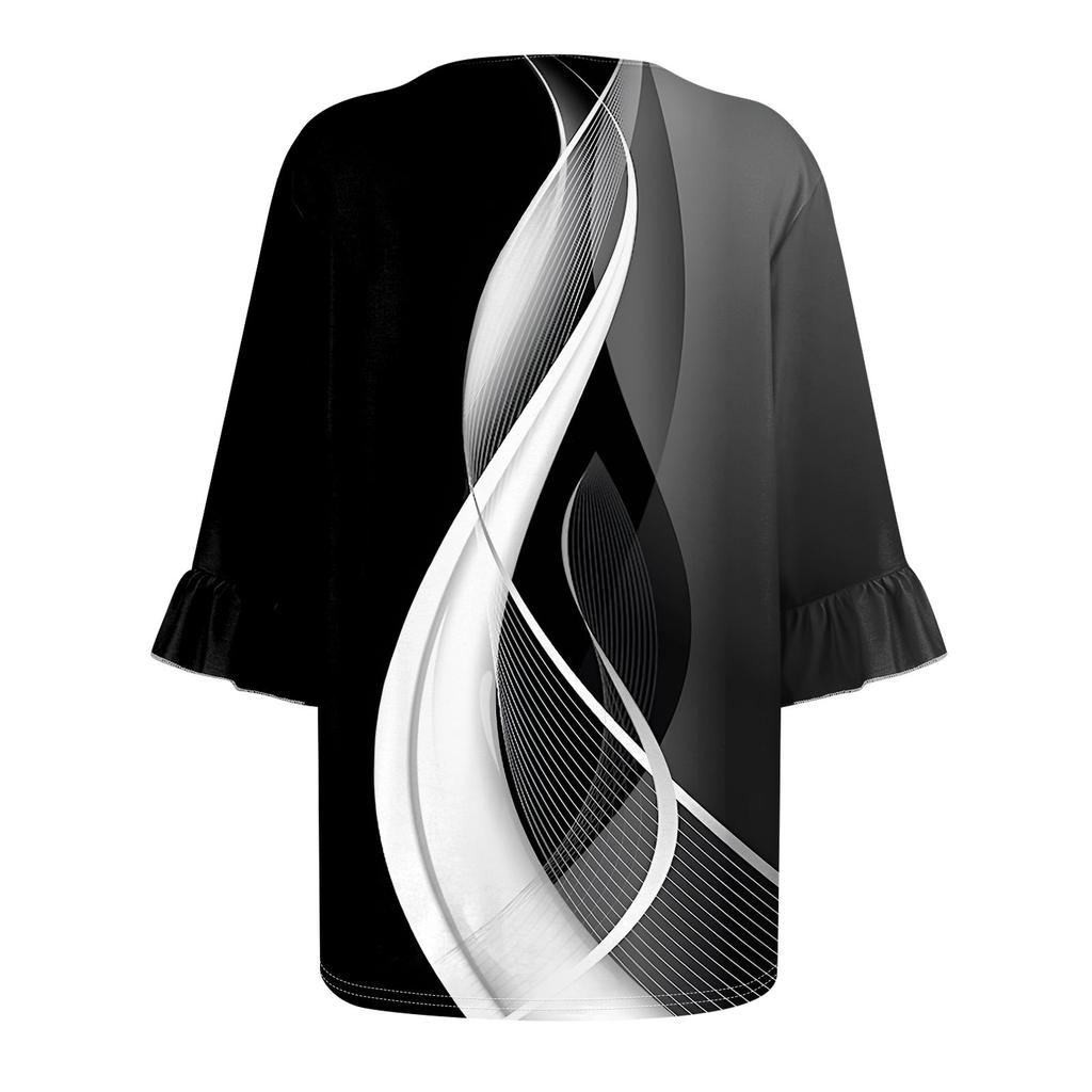 Women's Fashion Casual  Printed V-Neck Pleated Seven Minute Sleeve Ruffle Sleeve T-Shirt Plus Size Tops