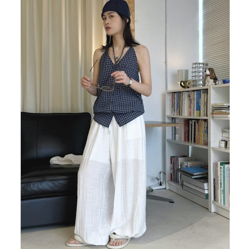 Johnature Minimalist Elastic Drawstring Pleated Casual Pants Summer Comfortable Loose Relaxed Jogger Pants For Women