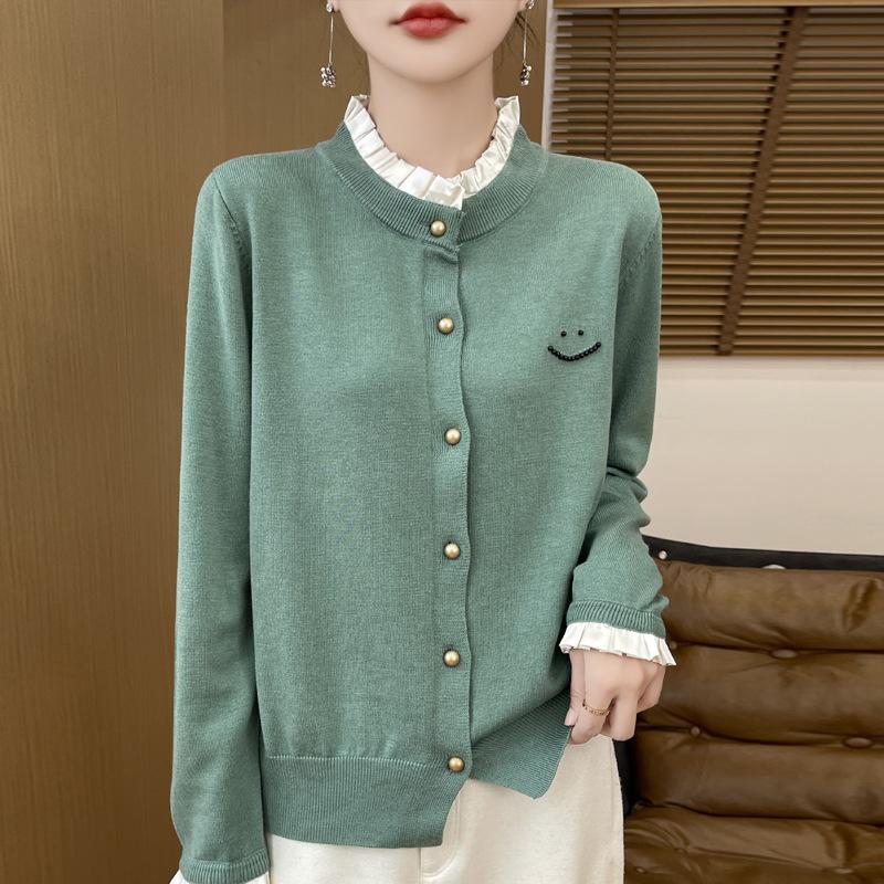Pullover mit Rundhalsausschnitt Damen Strickjacke Herbst und Winter Holöhrchenkante Strickoberteil