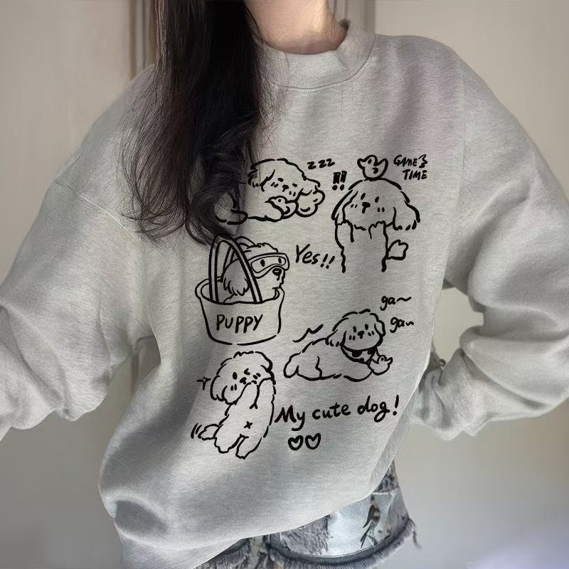 Women's Crew Neck Sweatshirt Cute Puppy Cartoon Print Oversize Loose Casual Fall Long Sleeve Pullover