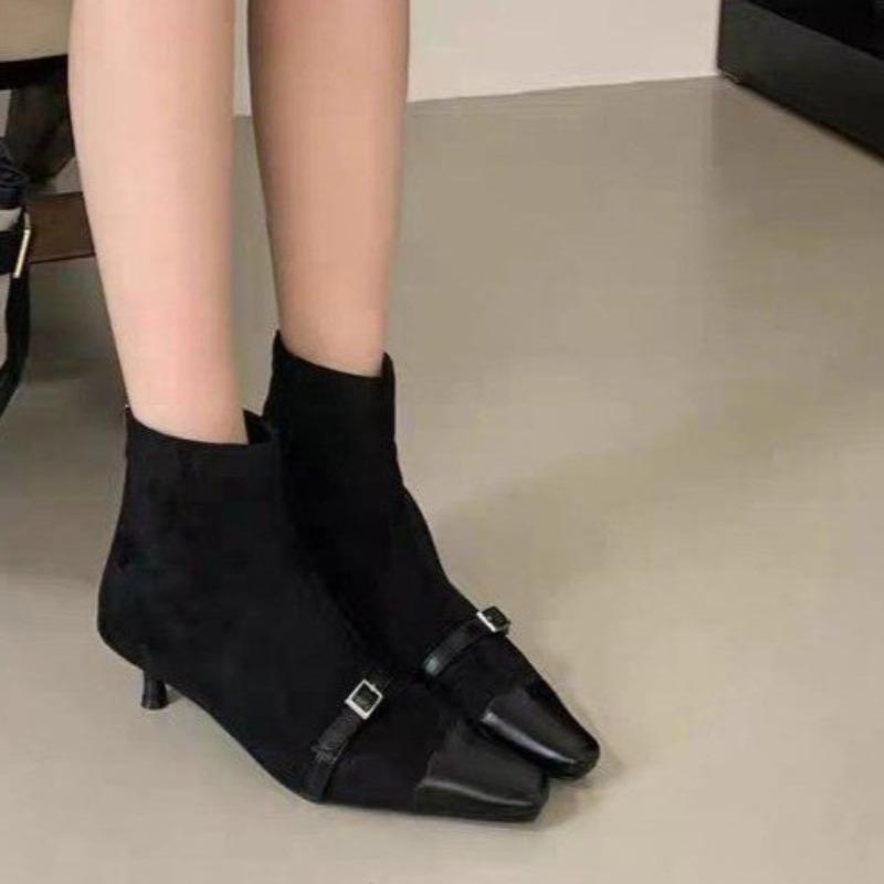 

Fashion Fashion Metal Buckle Spliced Stiletto Single Shoes Women s Fashion Square Toe Rear Zipper Anti-Slip Wear-Resistant Booties 42 чёрный